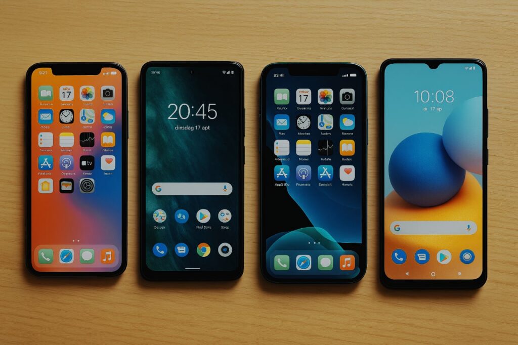 Vier smartphones op tafel gebruikt voor video maken en social media content.