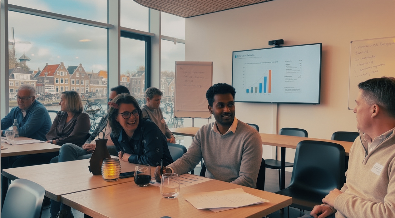 Communicatieteam werkt samen aan videoscript tijdens training op locatie